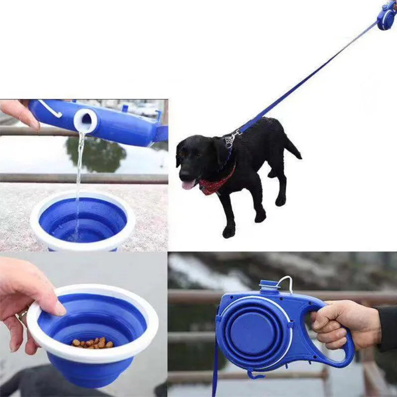 4-In-1 Durable Dog Leash Retractable Nylon Dog Leash with Water Bottle Bowl Extending Puppy Walking Running Leads Pet