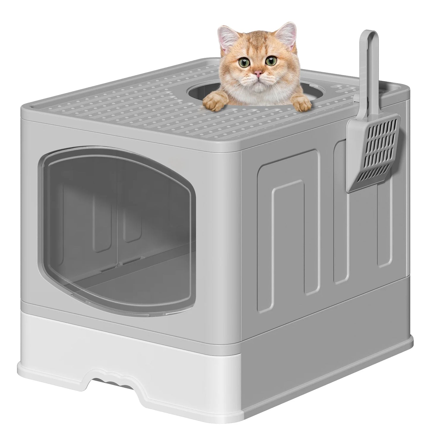 Extra Large Foldable Cat Litter Box with Cat Litter Scoop, Front Entry Top Exit Cat Litter Pan with Lid, Enclosed Anti-Splashing Cat Kitty Litter Box, Drawer Type Cat Litter Easy Cleaning and Scoop